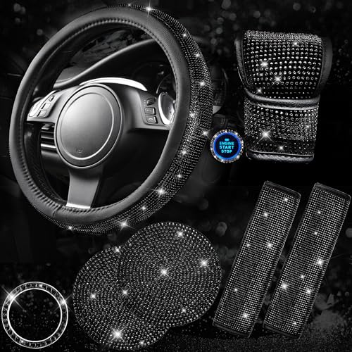 CAR PASS 7 PCS Bling Car Accessories for Women, Sparkly Rhinestone Diamond Steering Wheel Cover, Bling Seat Belt Cushion, Glitter Shift Knob Cover, Car Cup Holder Coaster, Cute Interior Sets Silver