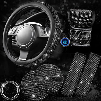 CAR PASS 7 PCS Bling Car Accessories for Women, Sparkly Rhinestone Diamond Steering Wheel Cover, Bling Seat Belt Cushion, Glitter Shift Knob Cover, Car Cup Holder Coaster, Cute Interior Sets Silver