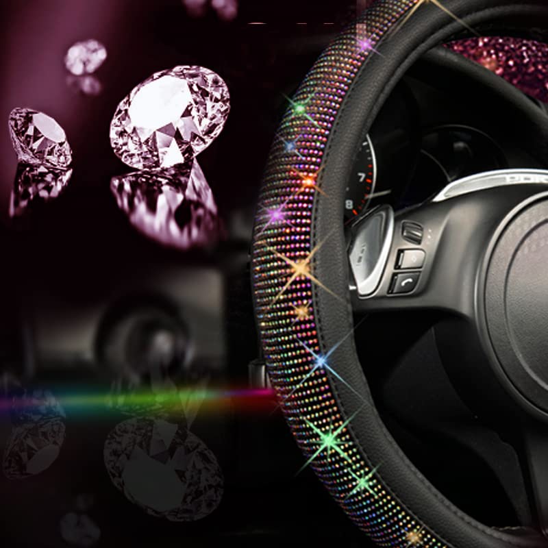 CAR PASS Bling Diamond Leather Steering Wheel Cover, With Sparkly Crystal Glitter Rhinestones Universal Fit 14"1/2-15" Car Wheel Protector for Women Girl Fit Suvs,Vans,Sedans,Car,Trucks, Black Diamond