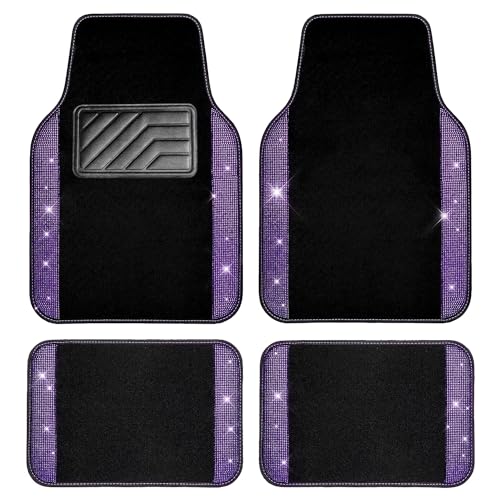 CAR PASS Bling Diamond Car Floor Mats, Shining Rhinestone Carpet Sparkly Glitter Crystal with Anti-Slip PVC Heel Pad Waterproof Universal Fit Automotive SUV,Sedan,Van,Cute Girl Women,4pcs Black Sliver