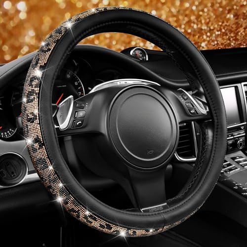 CAR PASS Bling Diamond Leather Steering Wheel Cover, With Sparkly Crystal Glitter Rhinestones Universal Fit 14"1/2-15" Car Wheel Protector for Women Girl Fit Suvs,Vans,Sedans,Car,Trucks, Black Diamond