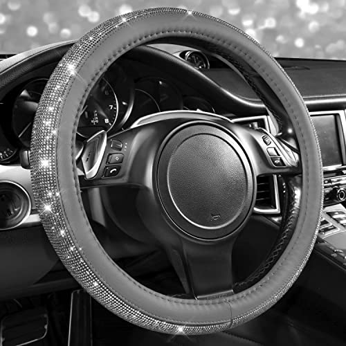 CAR PASS Bling Diamond Leather Steering Wheel Cover, With Sparkly Crystal Glitter Rhinestones Universal Fit 14"1/2-15" Car Wheel Protector for Women Girl Fit Suvs,Vans,Sedans,Car,Trucks, Black Diamond