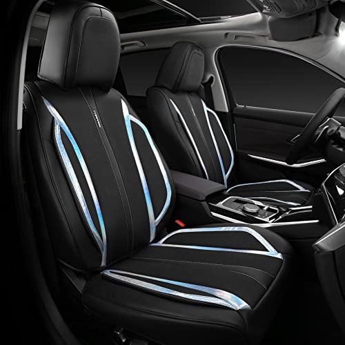 CAR Pass Nappa Leather Car Seat Covers, Durable Waterproof Luxury Universal for SUV Pick-up Truck Sedan, Anti-Slip Driver 5 Seats Covers Full Set with Backrest (Black Chameleon Iridescent Reflective)