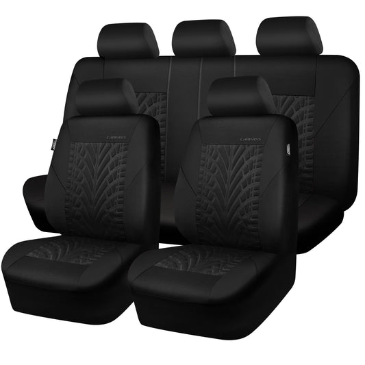 CAR PASS Car Seat Covers Full Sets, Front &amp; Split Rear Bench for Car, 3D Tyre Embossed Automotive Interior Covers, Airbag Compatible, Quick Setup Universal Fit Seat Covers for Car, SUV(All Black)