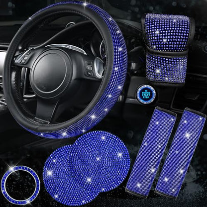 CAR PASS 7 PCS Bling Car Accessories for Women, Sparkly Rhinestone Diamond Steering Wheel Cover, Bling Seat Belt Cushion, Glitter Shift Knob Cover, Car Cup Holder Coaster, Cute Interior Sets Silver