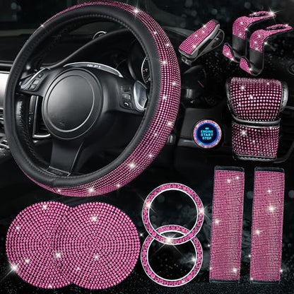 CAR PASS 7 PCS Bling Car Accessories for Women, Sparkly Rhinestone Diamond Steering Wheel Cover, Bling Seat Belt Cushion, Glitter Shift Knob Cover, Car Cup Holder Coaster, Cute Interior Sets Silver