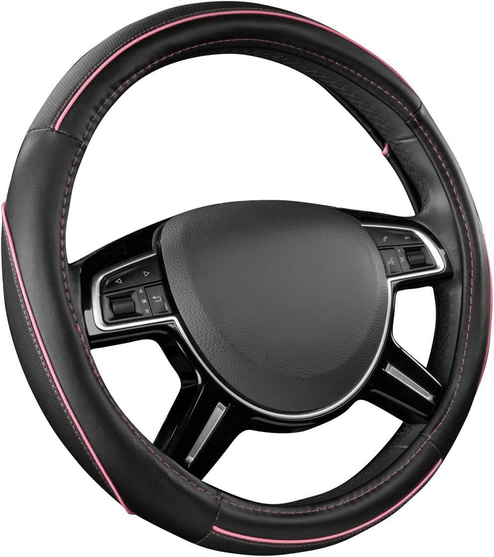 Car Pass Colour Piping Leather Universal Fit Steering Wheel Cover,Perfectly fit for 14.5-15 inches for Various Vehicles SUVs,Vans,Sedans,Cars (Black &amp; Mint)