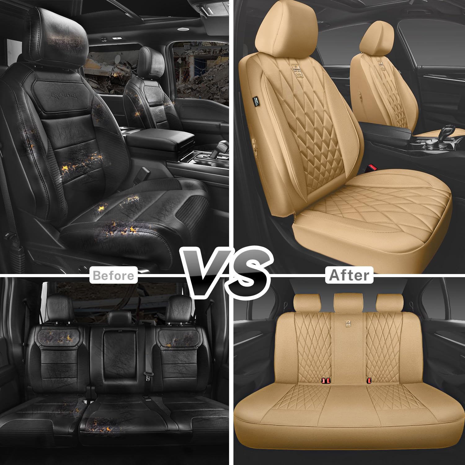 CAR PASS Piping Luxury Faux PU Leather Two Front Car Seat Covers, Waterproof Anti Slip Seat Covers Compatible with Front Seat Armrests,Universal Fit for Suvs,Vans,Trucks, Airbag Compatible(All Black)