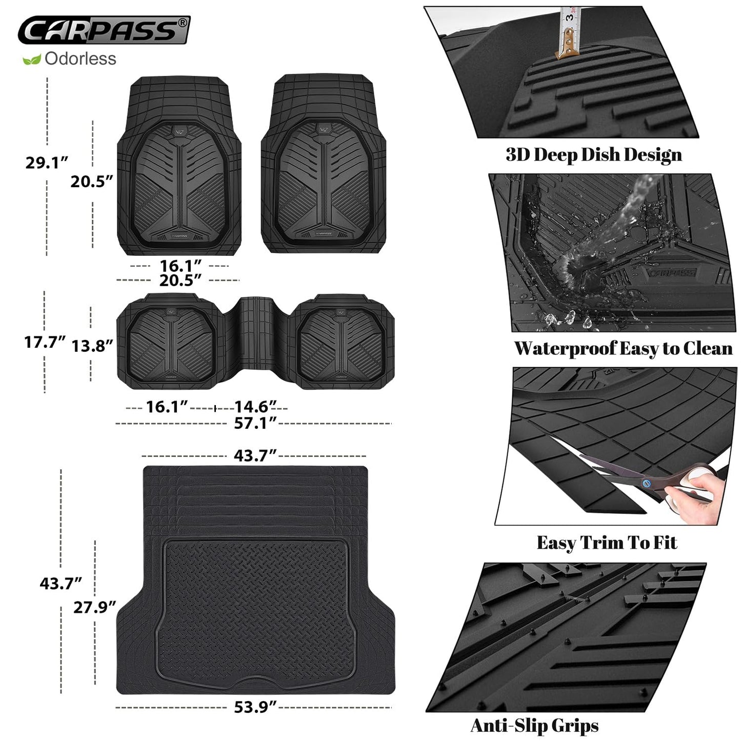 CAR PASS Heavy Duty Rubber Car Mats, Deep-Dish Odorless Car Floor Mats All Weather, Universal Trim-to-Fit for SUVs Trucks Sedans, Waterproof Anti-Slip, 3 Pieces V12 Black