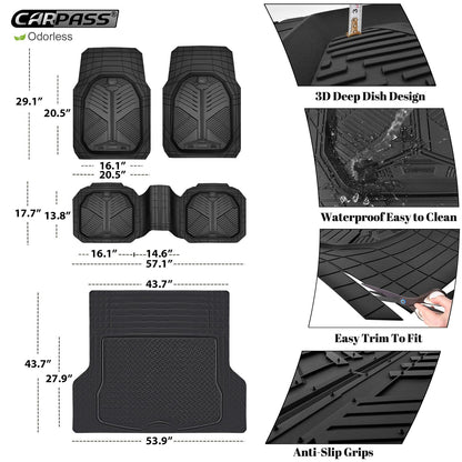 CAR PASS Heavy Duty Rubber Car Mats, Deep-Dish Odorless Car Floor Mats All Weather, Universal Trim-to-Fit for SUVs Trucks Sedans, Waterproof Anti-Slip, 3 Pieces V12 Black