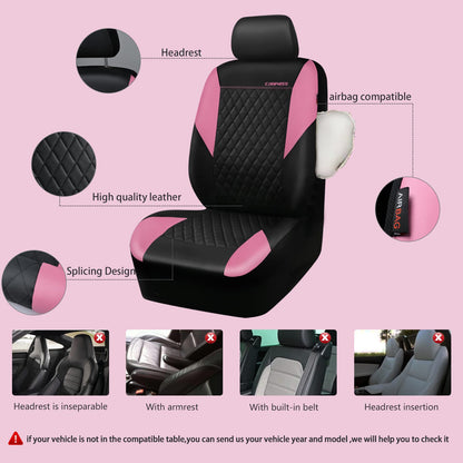 CAR PASS Quilting Leather Seat Cover Two Front Seats Only, Universal Fit Automotive Front Seat Covers Waterproof Deluxe PU Premium Vinyl Luxury for Cars Sedan Van SUV Airbag Compatible 2 Pieces,Black