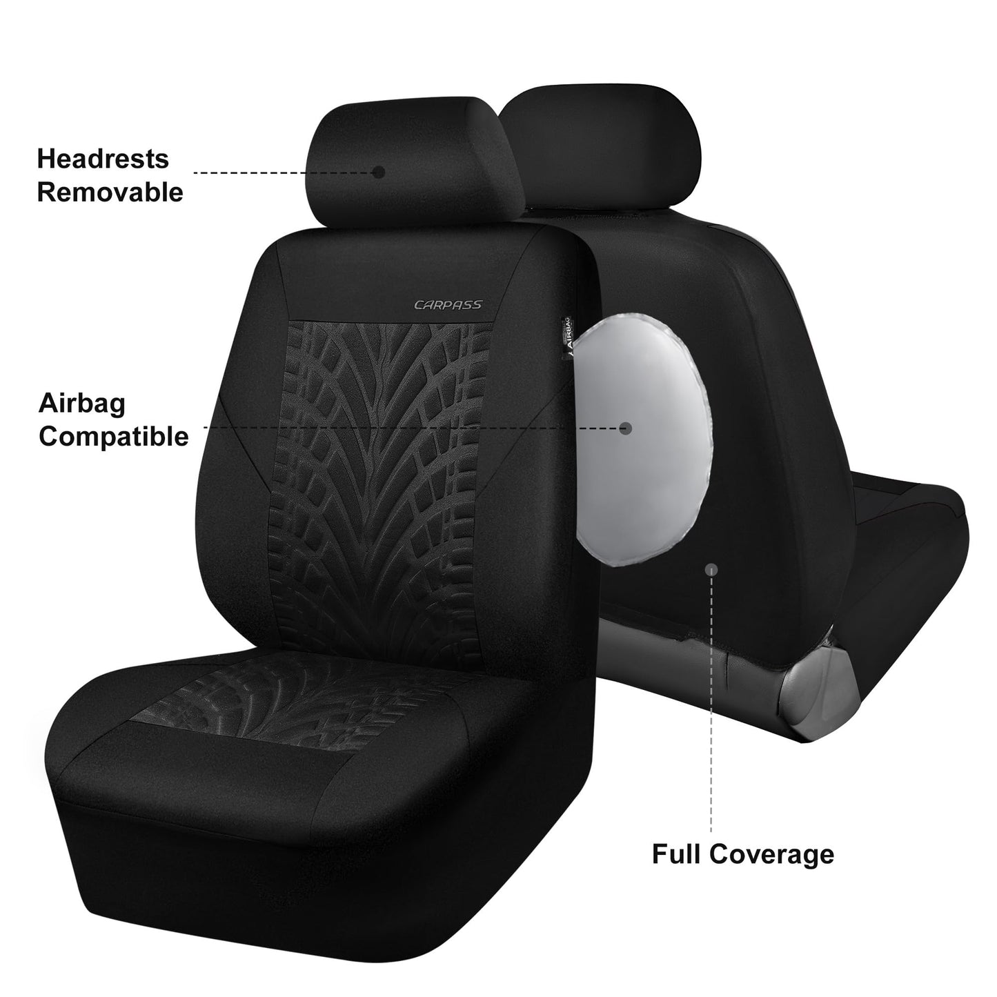 CAR PASS Car Seat Covers Full Sets, Front &amp; Split Rear Bench for Car, 3D Tyre Embossed Automotive Interior Covers, Airbag Compatible, Quick Setup Universal Fit Seat Covers for Car, SUV(All Black)