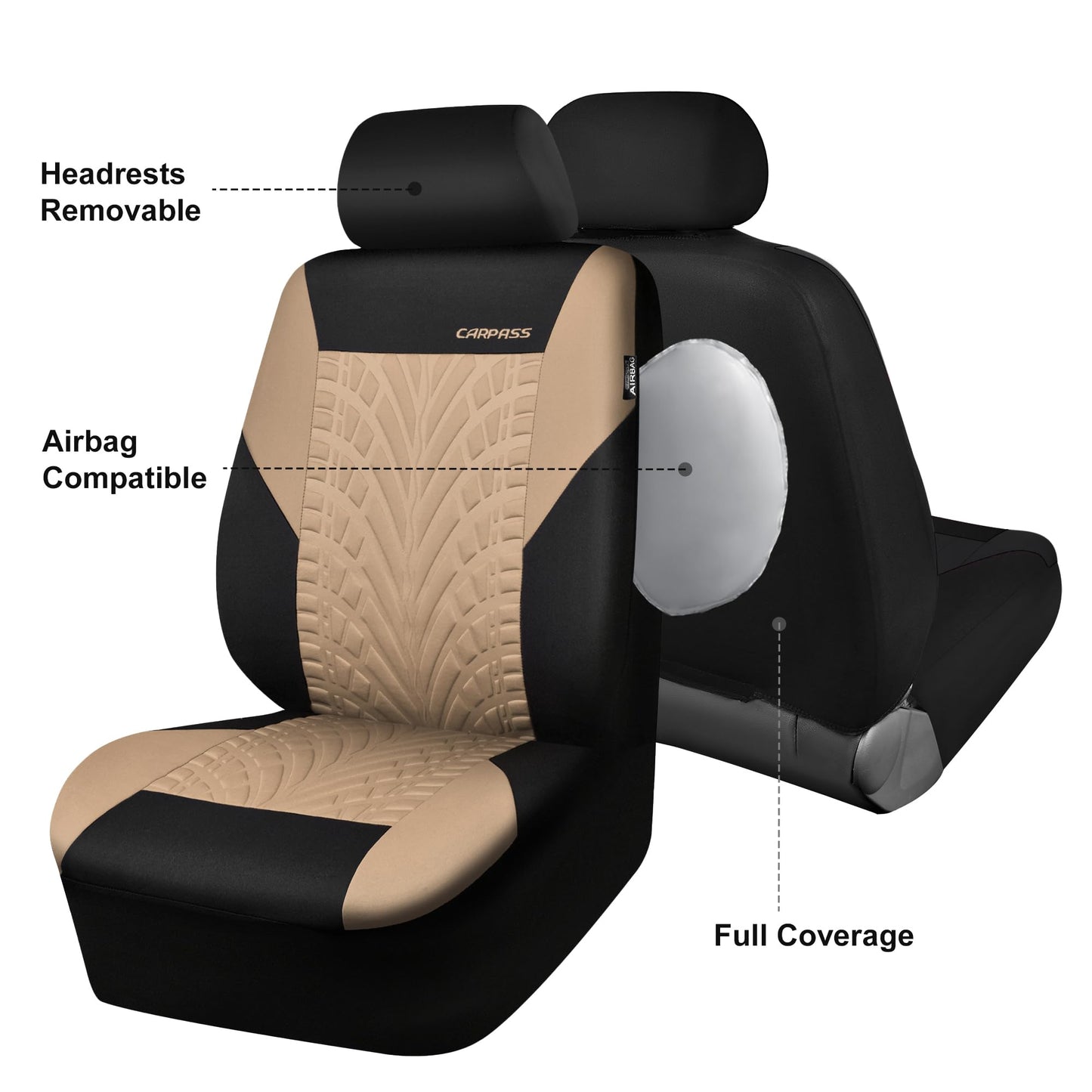 CAR PASS Car Seat Covers Full Sets, Front &amp; Split Rear Bench for Car, 3D Tyre Embossed Automotive Interior Covers, Airbag Compatible, Quick Setup Universal Fit Seat Covers for Car, SUV(All Black)