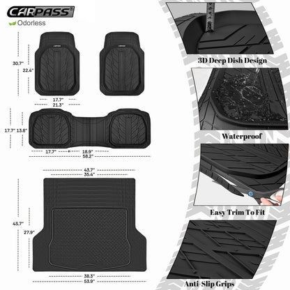 CAR PASS DeepDish Floor Mats for Cars, Heavy Duty Rubber Car Mats 3-Piece, Universal M~XL Size Trim-to Fit Automotive Floor Mats for Truck Van SUV Durable Waterproof All Weather Car Mats (Solid Black)