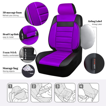 CAR PASS Leather Car Seat Covers Front Seats Only, 3D Foam Support Car Seat Covers, Universal fit for Trucks Vans SUVs Sedans Automotive Comfortable, Airbag Compatible 2 Pieces Front Solid Black