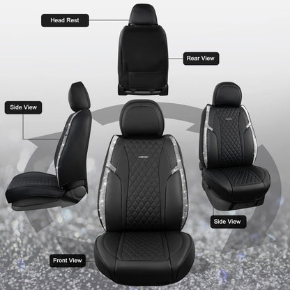 CAR Pass Bling Car Seat Covers, Microfiber Nappa Leather Luxury Cushioned, Waterproof Heavy-Duty Anti-Slip Universal Fit for Auto SUV Sedan,Sparkly Glitter Shining Rhinestone Full Set, Black Diamond