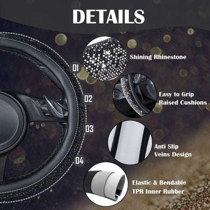 CAR PASS Bling Diamond Leather Steering Wheel Cover, With Sparkly Crystal Glitter Rhinestones Universal Fit 14"1/2-15" Car Wheel Protector for Women Girl Fit Suvs,Vans,Sedans,Car,Trucks, Black Diamond