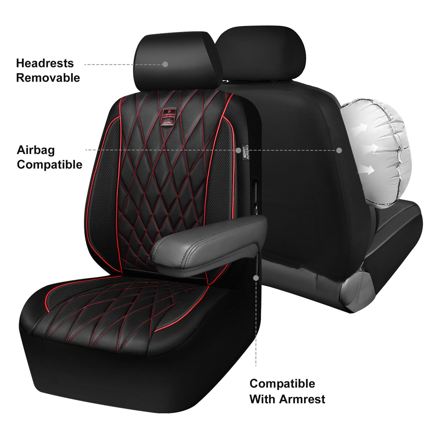 CAR PASS Piping Luxury Faux PU Leather Two Front Car Seat Covers, Waterproof Anti Slip Seat Covers Compatible with Front Seat Armrests,Universal Fit for Suvs,Vans,Trucks, Airbag Compatible(All Black)