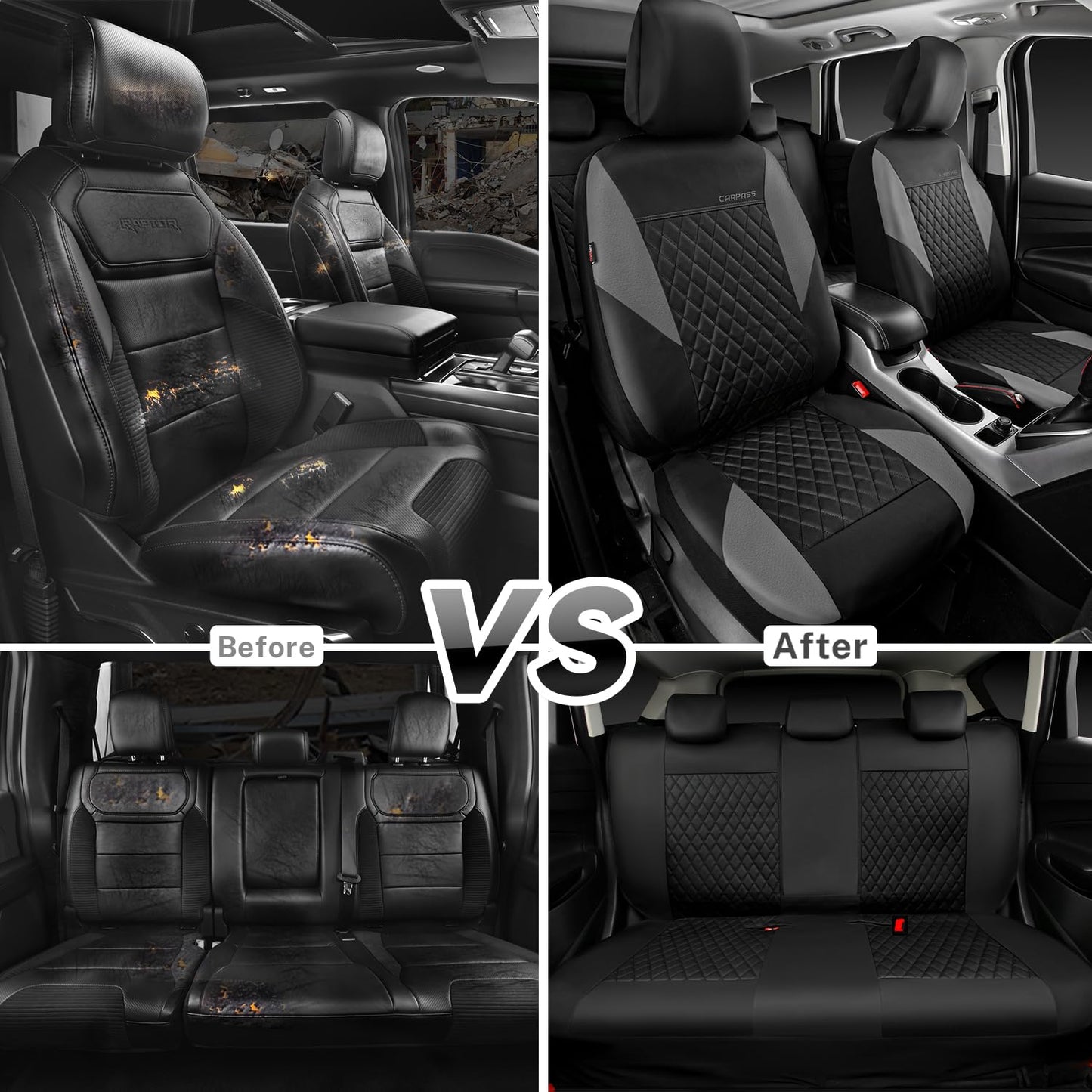 CAR PASS Quilting Leather Seat Cover Two Front Seats Only, Universal Fit Automotive Front Seat Covers Waterproof Deluxe PU Premium Vinyl Luxury for Cars Sedan Van SUV Airbag Compatible 2 Pieces,Black