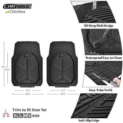 CAR PASS Heavy Duty Rubber Car Mats, Deep-Dish Odorless Car Floor Mats All Weather, Universal Trim-to-Fit for SUVs Trucks Sedans, Waterproof Anti-Slip, 3 Pieces V12 Black