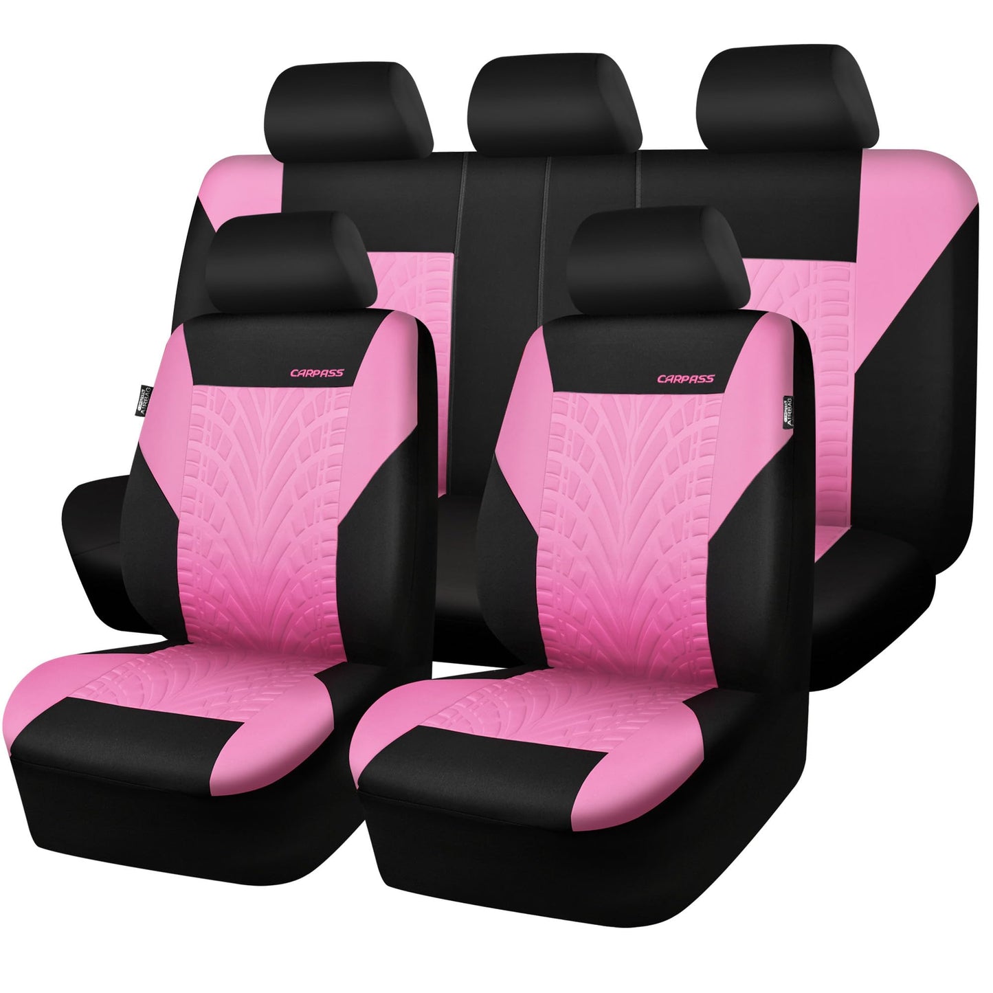 CAR PASS Car Seat Covers Full Sets, Front &amp; Split Rear Bench for Car, 3D Tyre Embossed Automotive Interior Covers, Airbag Compatible, Quick Setup Universal Fit Seat Covers for Car, SUV(All Black)