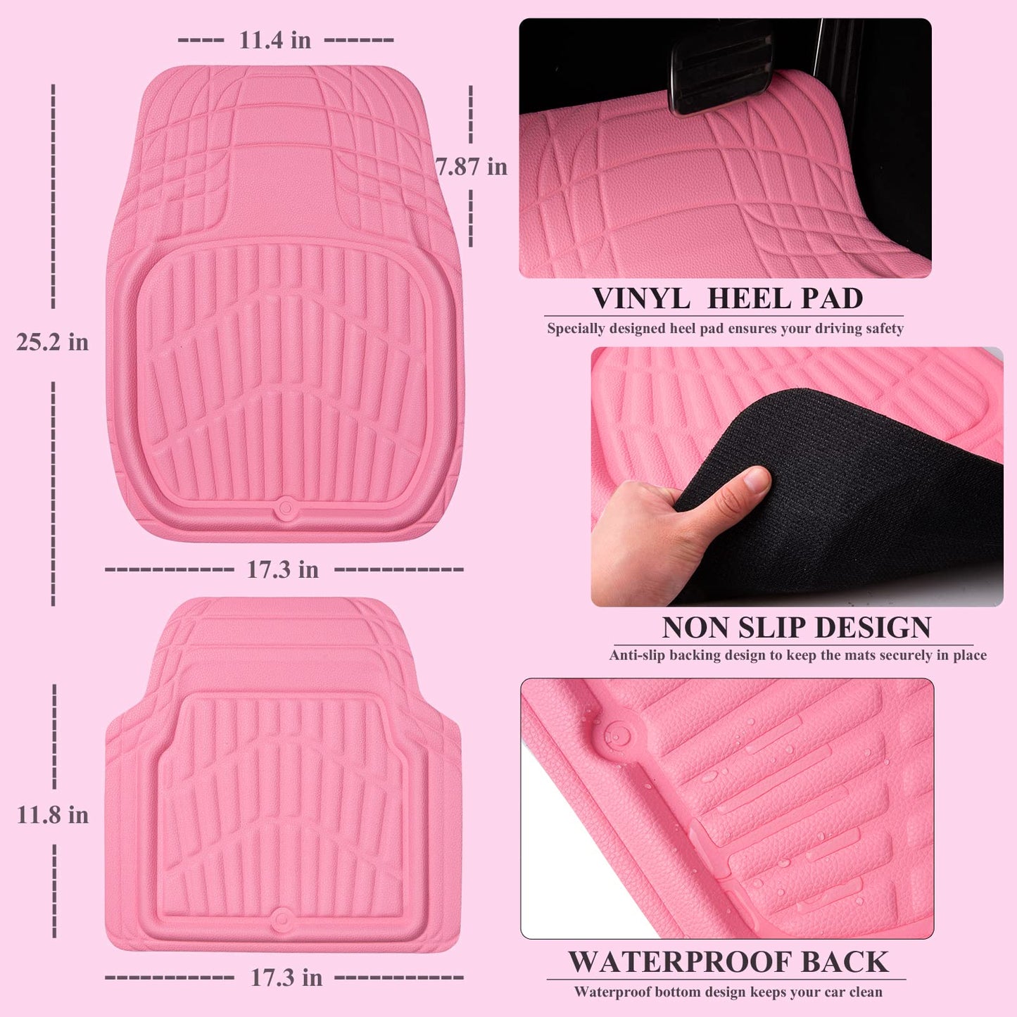 CAR PASS 4 Piece Leather Car Floor Mats -3D Cute Girly Waterproof All Weather Car Mat Full Set, Universal Trim to Fit &amp; Anti-Slip Burr Bottom &amp; Light Easy Clean for SUV Truck Auto Sedan Van(Pink)