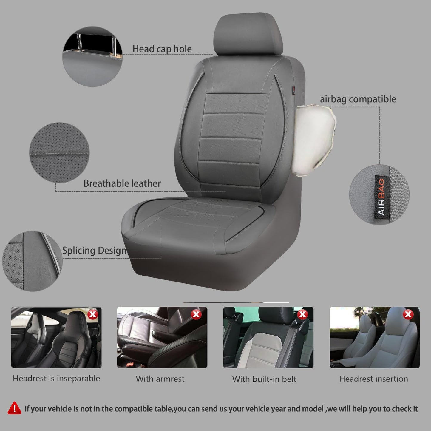 CAR PASS Universal Reflect Piping Leather Car Seat Cover, Fit for suvs,Van,Trucks,Airbag Compatible,Inside Zipper Design and Reserved Opening Holes (Full Set, Black and Grey)