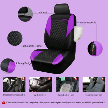 CAR PASS Quilting Leather Seat Cover Two Front Seats Only, Universal Fit Automotive Front Seat Covers Waterproof Deluxe PU Premium Vinyl Luxury for Cars Sedan Van SUV Airbag Compatible 2 Pieces,Black