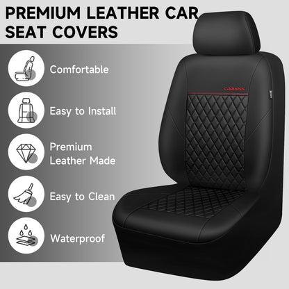 CAR PASS Quilting Leather Seat Cover Two Front Seats Only, Universal Fit Automotive Front Seat Covers Waterproof Deluxe PU Premium Vinyl Luxury for Cars Sedan Van SUV Airbag Compatible 2 Pieces,Black