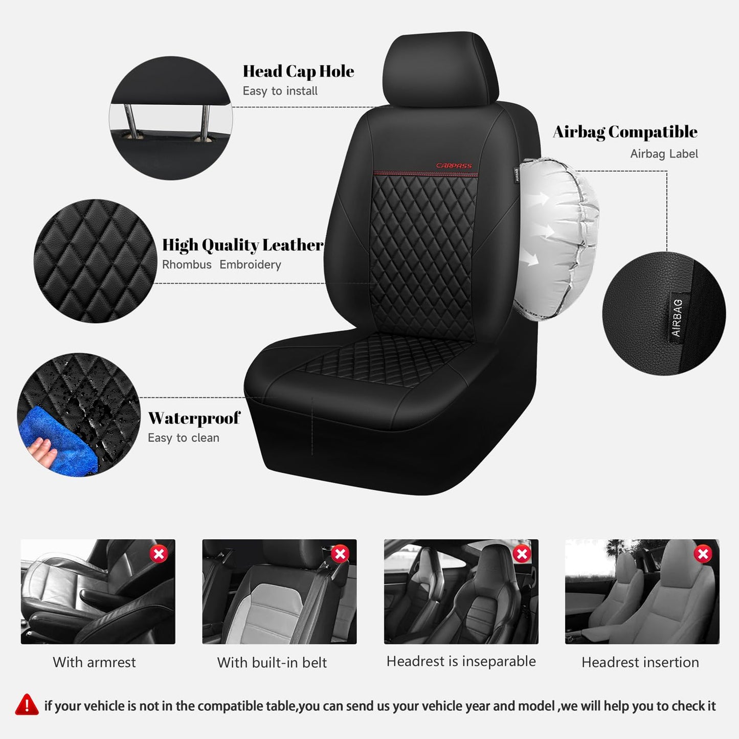 CAR PASS Quilting Leather Seat Cover Two Front Seats Only, Universal Fit Automotive Front Seat Covers Waterproof Deluxe PU Premium Vinyl Luxury for Cars Sedan Van SUV Airbag Compatible 2 Pieces,Black