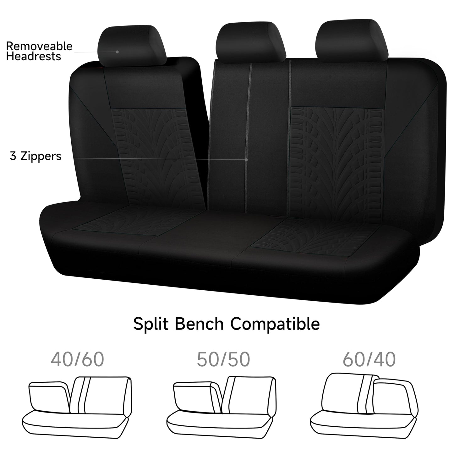 CAR PASS Car Seat Covers Full Sets, Front &amp; Split Rear Bench for Car, 3D Tyre Embossed Automotive Interior Covers, Airbag Compatible, Quick Setup Universal Fit Seat Covers for Car, SUV(All Black)