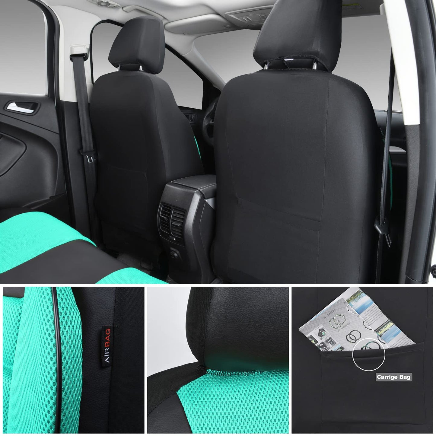 CAR PASS 3D Foam Leather Car Seat Covers Two Front Seats only, Air Cool Mesh Thick Seat Covers, All Weather Car Seat Cover Comfort &amp; Protection for Truck,SUV,Sedan,Van, Airbag Compatible (Black)