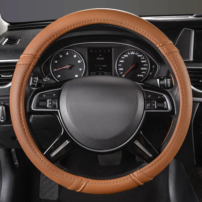 Car Pass Classical Leather Automotive Universal Steering Wheel Covers,Universal Fit for Suvs,Trucks,Sedans,Cars,Vans,14.5-15inch Anti-Slip Safety Comfortable Desgin(Black)