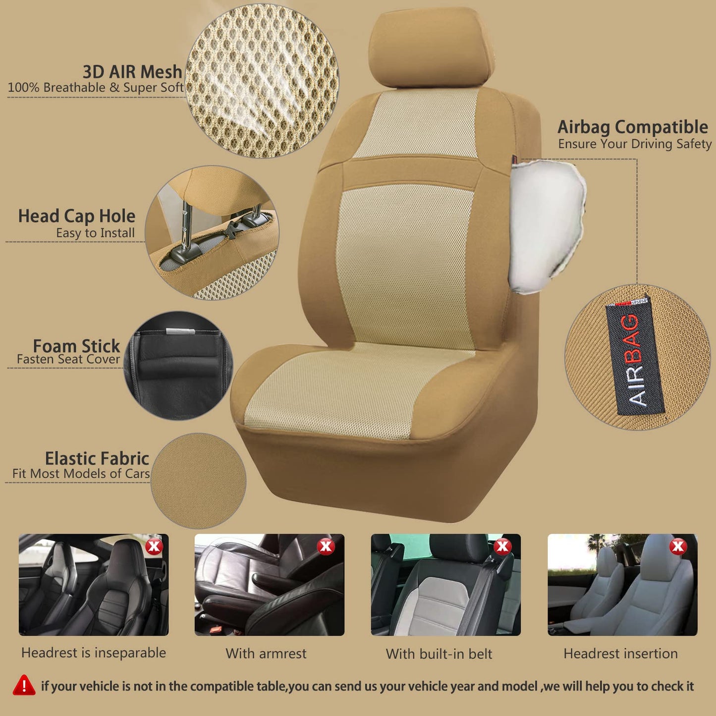 CAR PASS Seat Cover Full Sets, 3D Air Mesh Car Seat Cover with 5mm Composite Sponge Inside,Airbag Compatible Universal Fit for SUV,Vans,sedans, Trucks, Automotive Interior Covers(All Black)