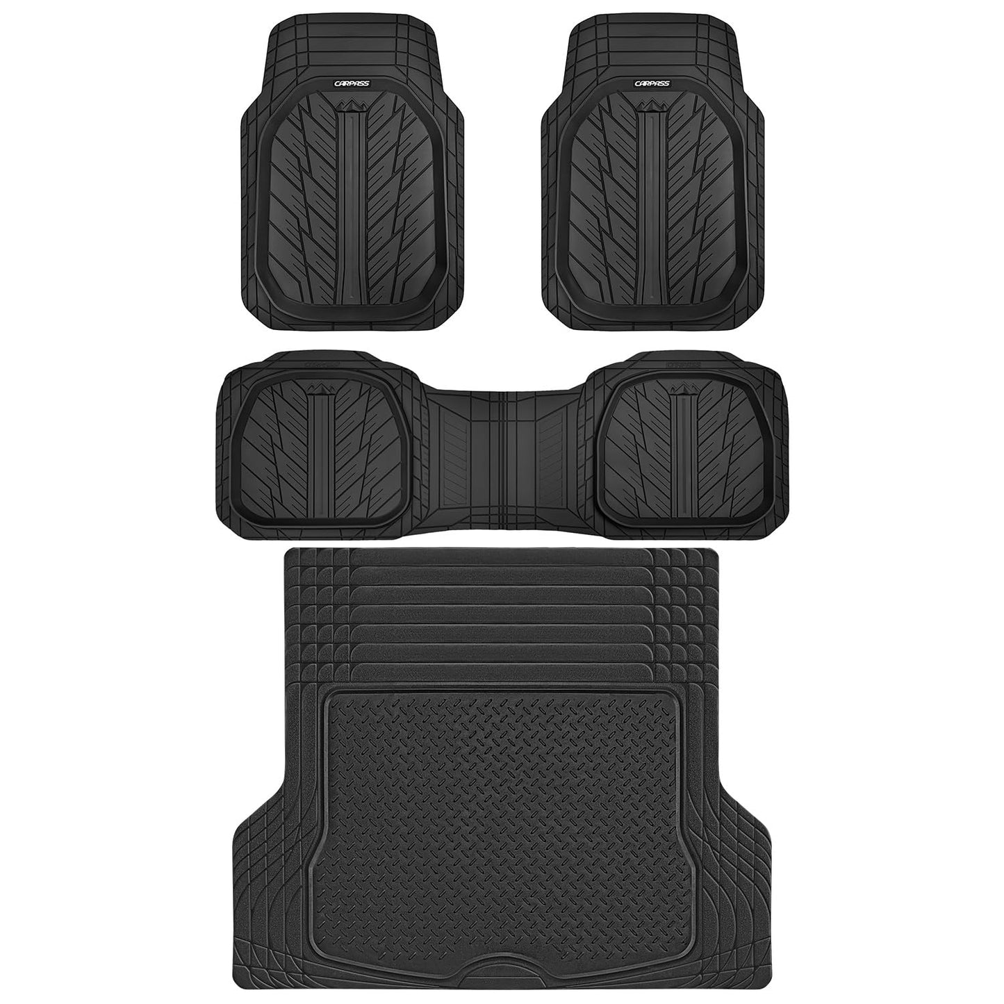 CAR PASS DeepDish Floor Mats for Cars, Heavy Duty Rubber Car Mats 3-Piece, Universal M~XL Size Trim-to Fit Automotive Floor Mats for Truck Van SUV Durable Waterproof All Weather Car Mats (Solid Black)