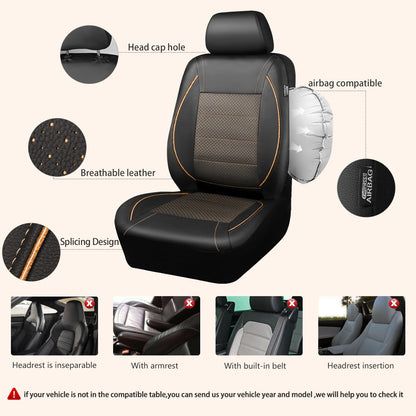 CAR PASS Universal Reflect Piping Leather Car Seat Cover, Fit for suvs,Van,Trucks,Airbag Compatible,Inside Zipper Design and Reserved Opening Holes (Full Set, Black and Grey)