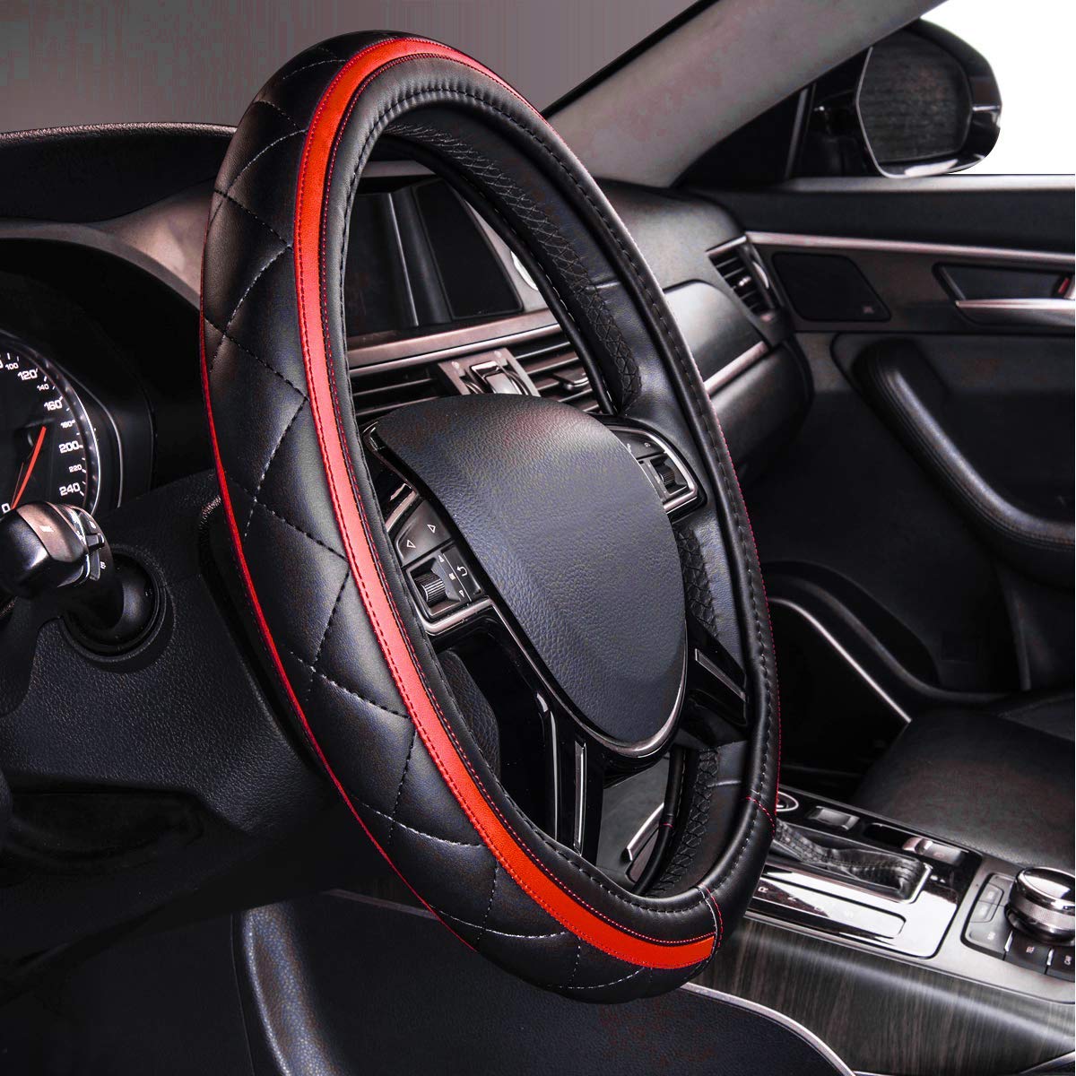 Car Pass Classical Leather Automotive Universal Steering Wheel Covers,Universal Fit for Suvs,Trucks,Sedans,Cars,Vans,14.5-15inch Anti-Slip Safety Comfortable Desgin(Black)