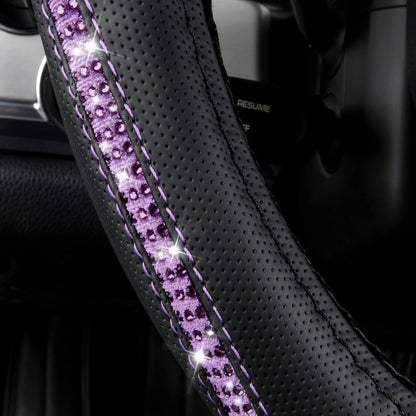 CAR PASS Bling Diamond Black Leather Steering Wheel Cover, Studded Crystal Rhinestones Universal Fit 14" 1/2-15" Glitter for Women Sparkle Girl Fit Suvs,Vans,Sedans,Car,Trucks, Silver Diamond