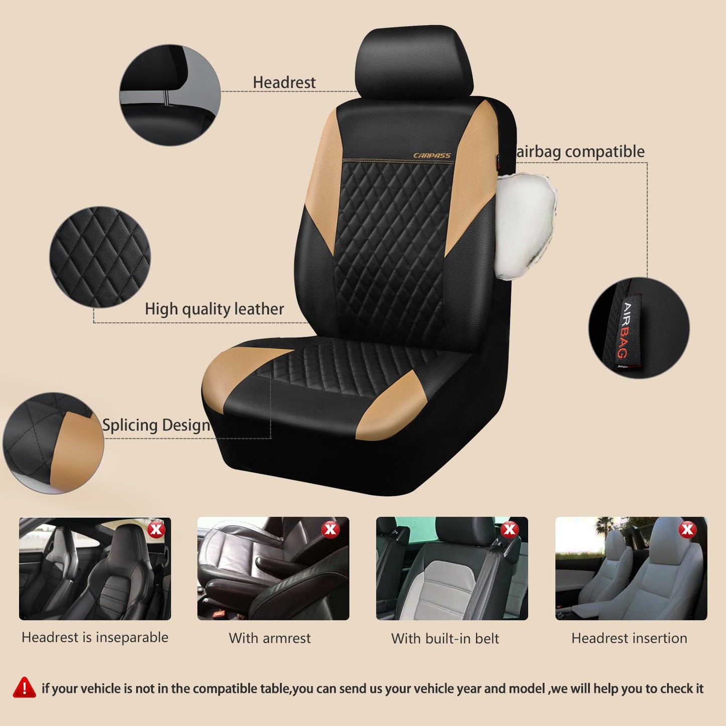 CAR PASS Quilting Leather Seat Cover Two Front Seats Only, Universal Fit Automotive Front Seat Covers Waterproof Deluxe PU Premium Vinyl Luxury for Cars Sedan Van SUV Airbag Compatible 2 Pieces,Black