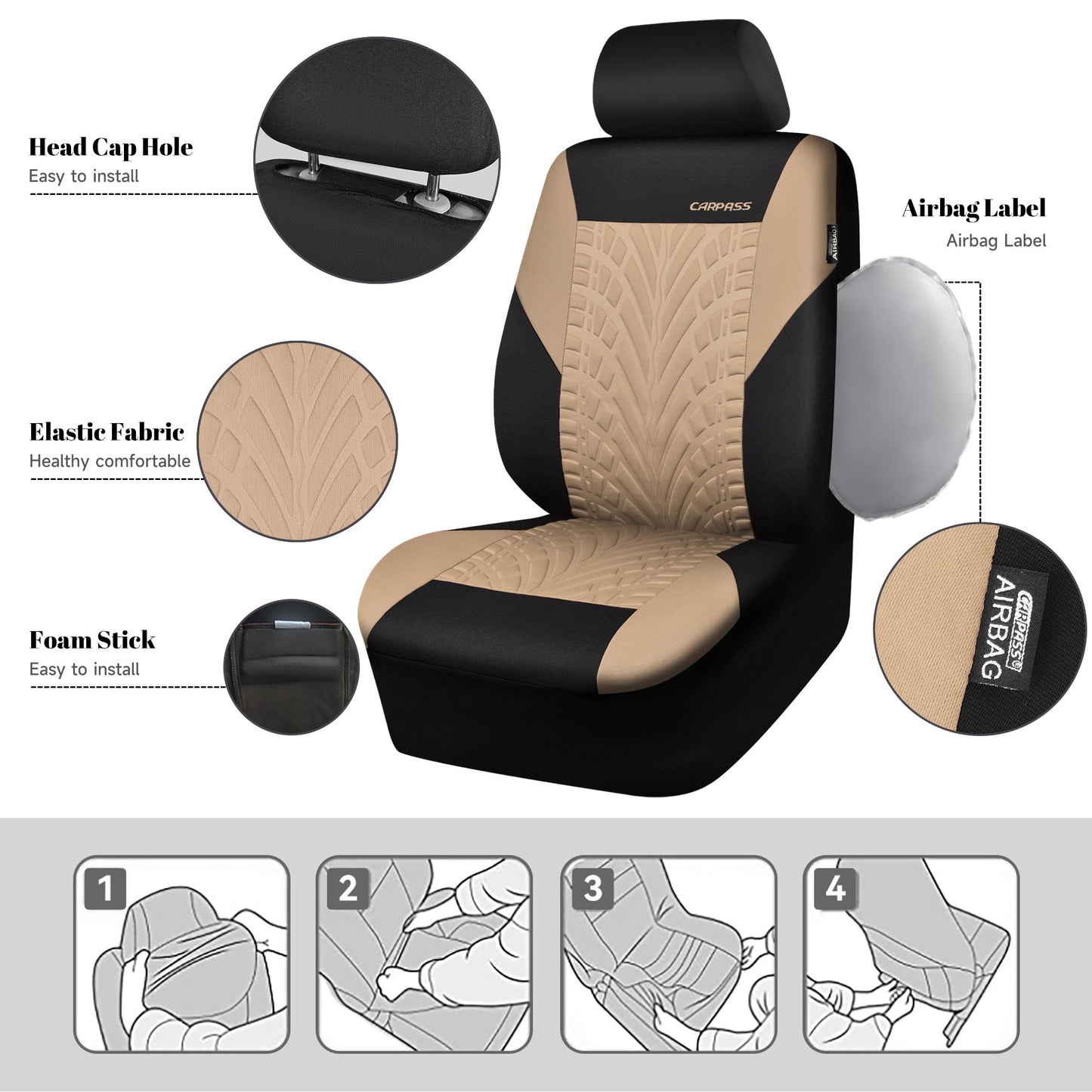 CAR PASS Car Seat Covers Full Sets, Front &amp; Split Rear Bench for Car, 3D Tyre Embossed Automotive Interior Covers, Airbag Compatible, Quick Setup Universal Fit Seat Covers for Car, SUV(All Black)