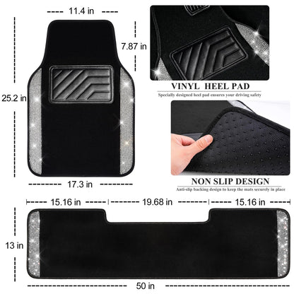 CAR PASS Bling Diamond Car Floor Mats, Shining Rhinestone Carpet Sparkly Glitter Crystal with Anti-Slip PVC Heel Pad Waterproof Universal Fit Automotive SUV,Sedan,Van,Cute Girl Women,4pcs Black Sliver