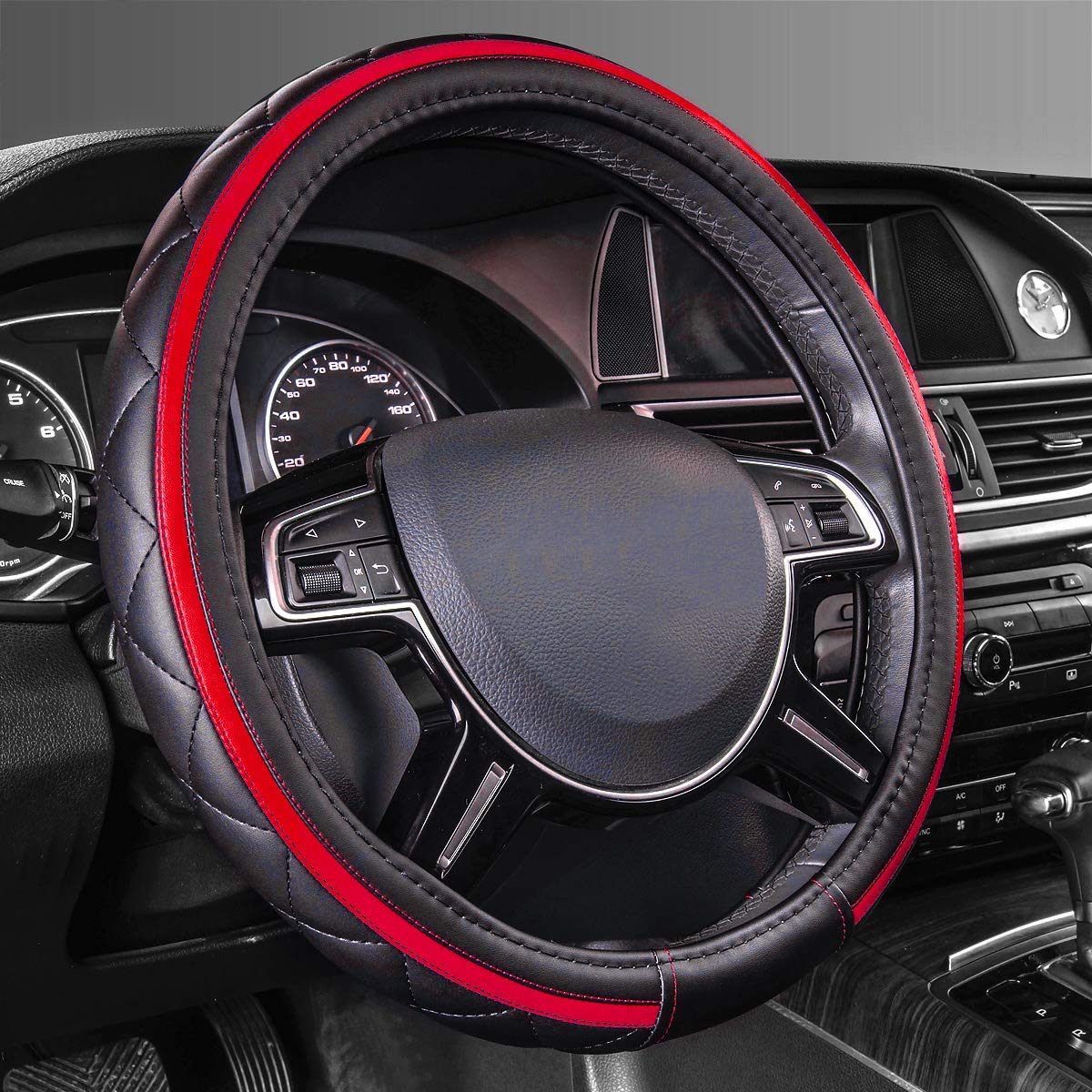 Car Pass Classical Leather Automotive Universal Steering Wheel Covers,Universal Fit for Suvs,Trucks,Sedans,Cars,Vans,14.5-15inch Anti-Slip Safety Comfortable Desgin(Black)