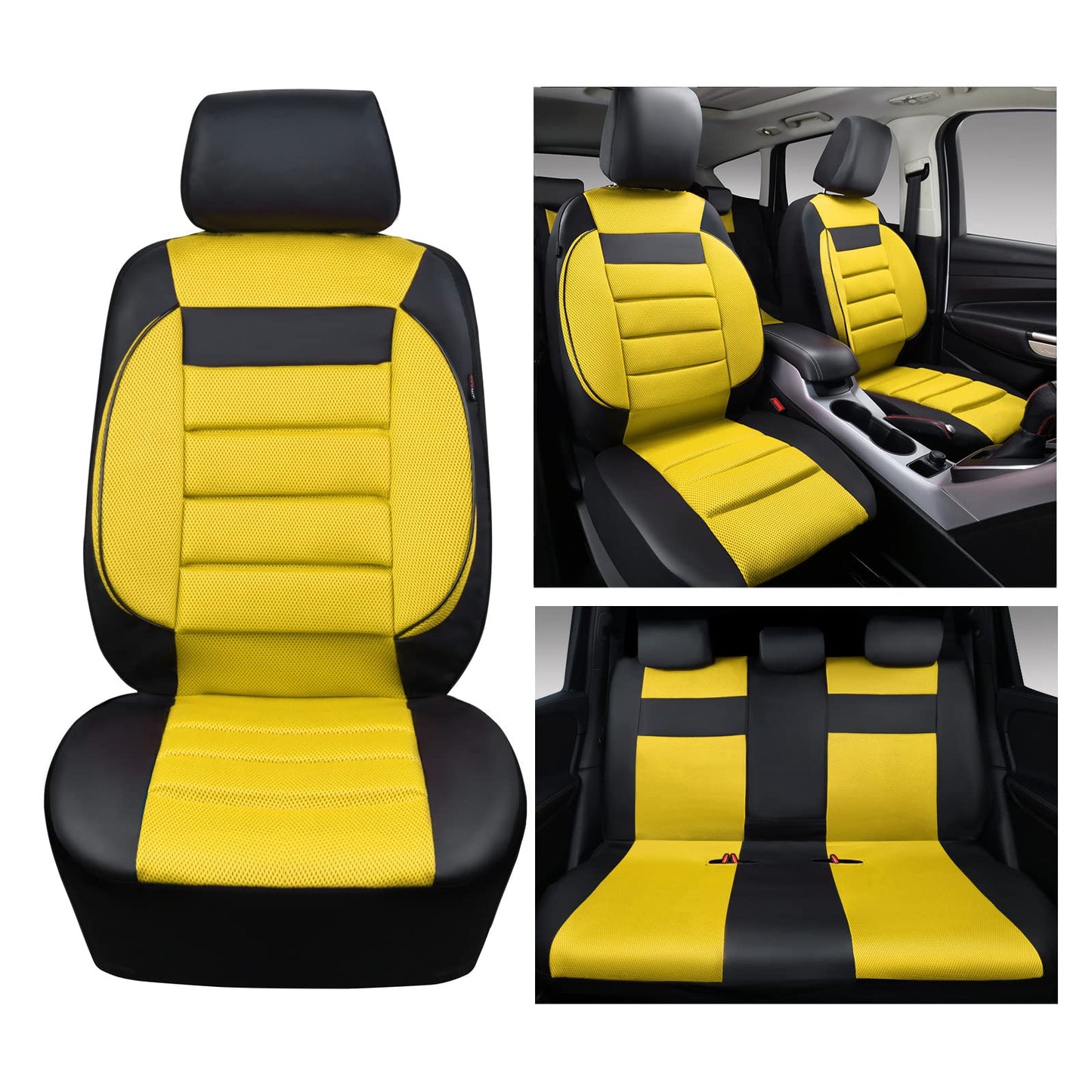 CAR PASS 3D Foam Leather Car Seat Covers Two Front Seats only, Air Cool Mesh Thick Seat Covers, All Weather Car Seat Cover Comfort &amp; Protection for Truck,SUV,Sedan,Van, Airbag Compatible (Black)