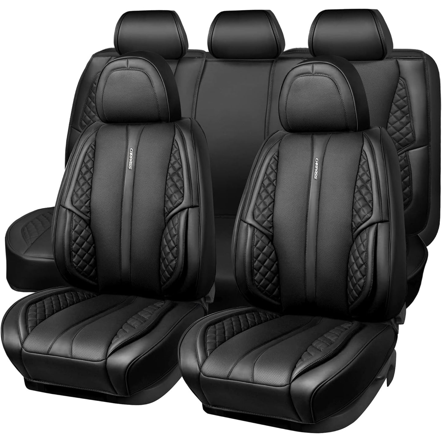 CAR PASS Nappa PU Leather Car Seat Covers Full Set Waterproof Protector Durable Cushioned,Universal Fit for Sedan SUV Pick-up Truck,Automotive, Anti-Slip and Backseat Luxury Premium Deluxe(Black)