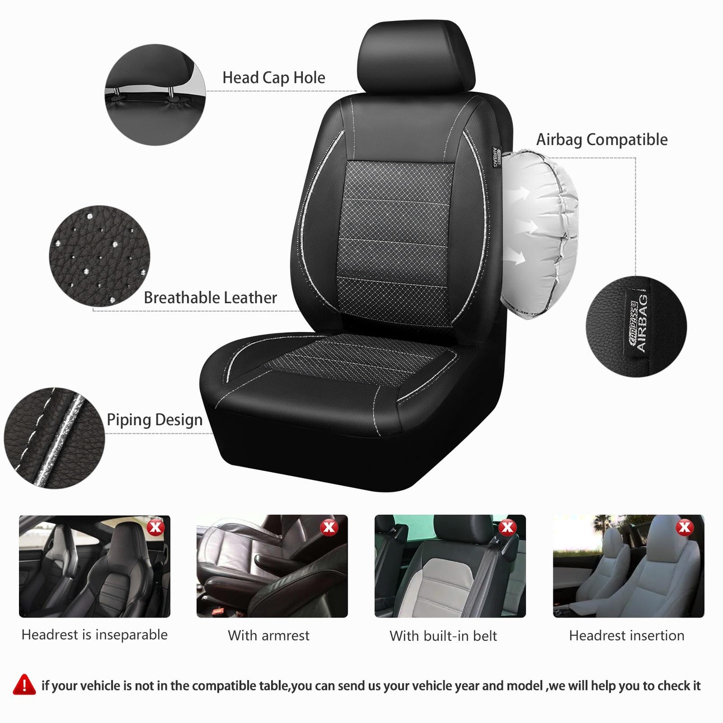 CAR PASS Universal Reflect Piping Leather Car Seat Cover, Fit for suvs,Van,Trucks,Airbag Compatible,Inside Zipper Design and Reserved Opening Holes (Full Set, Black and Grey)