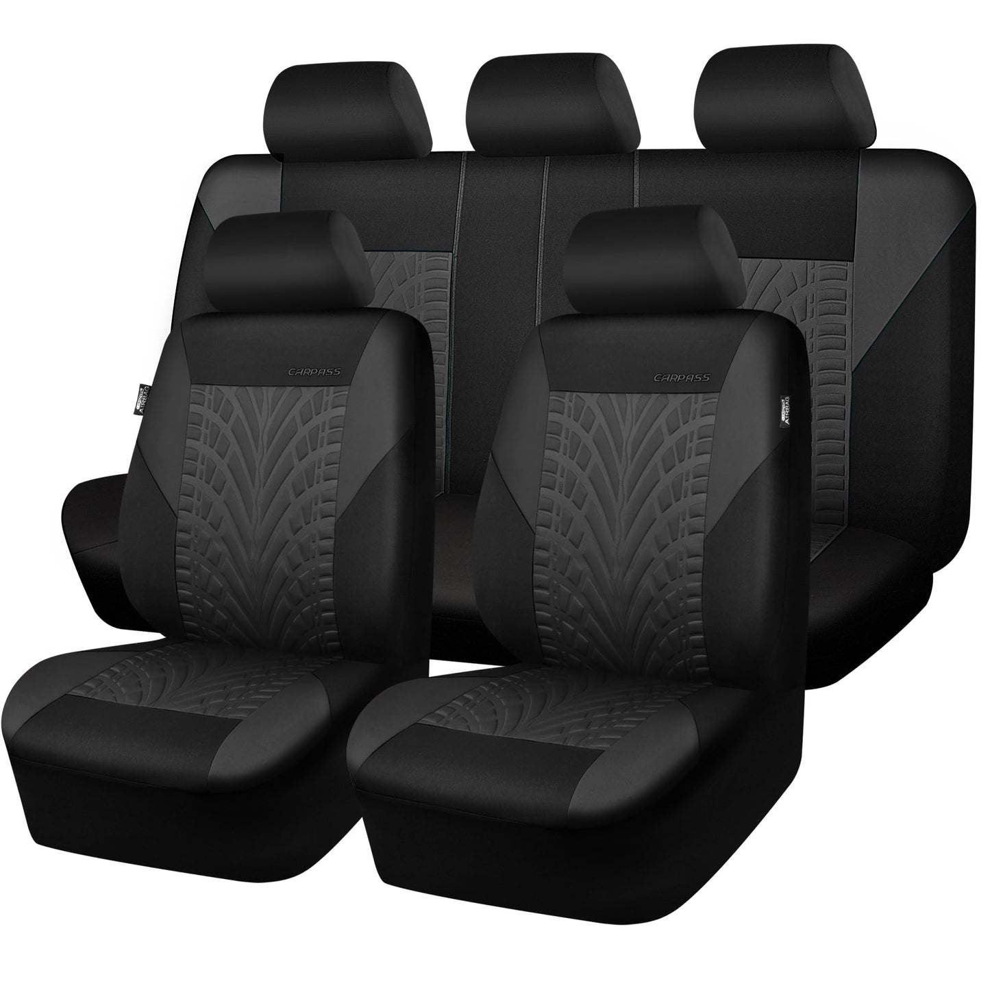 CAR PASS Car Seat Covers Full Sets, Front &amp; Split Rear Bench for Car, 3D Tyre Embossed Automotive Interior Covers, Airbag Compatible, Quick Setup Universal Fit Seat Covers for Car, SUV(All Black)