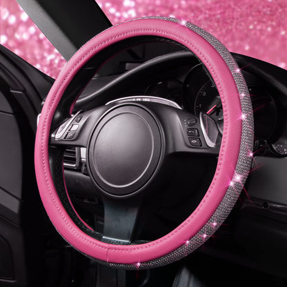 CAR PASS Bling Diamond Leather Steering Wheel Cover, With Sparkly Crystal Glitter Rhinestones Universal Fit 14"1/2-15" Car Wheel Protector for Women Girl Fit Suvs,Vans,Sedans,Car,Trucks, Black Diamond