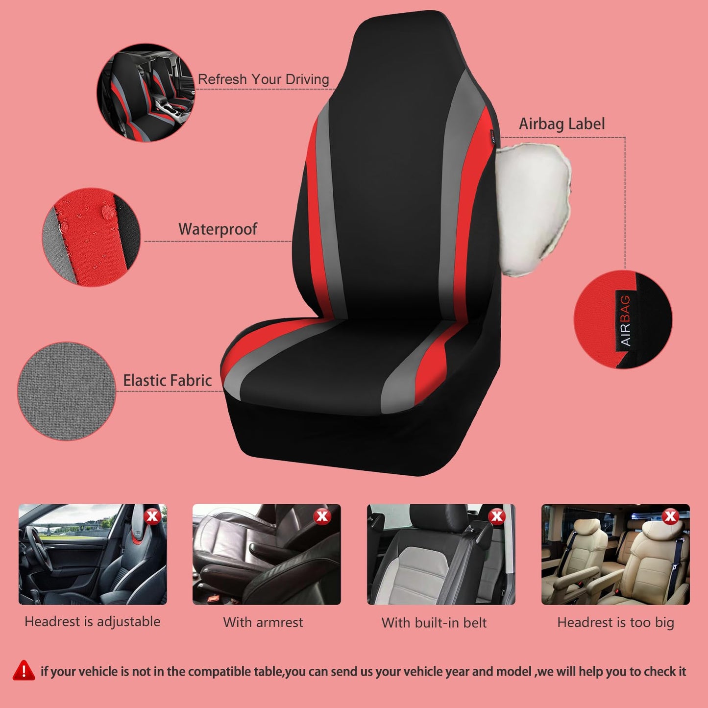 CAR PASS AquaShield Neoprene Waterproof Car Seat Covers for Front Seats Only, High Back Bucket Seat Cover,Airbag Compatible,Line Rider Seat Covers Universal Fit for Truck Van SUV (Black and Gray)