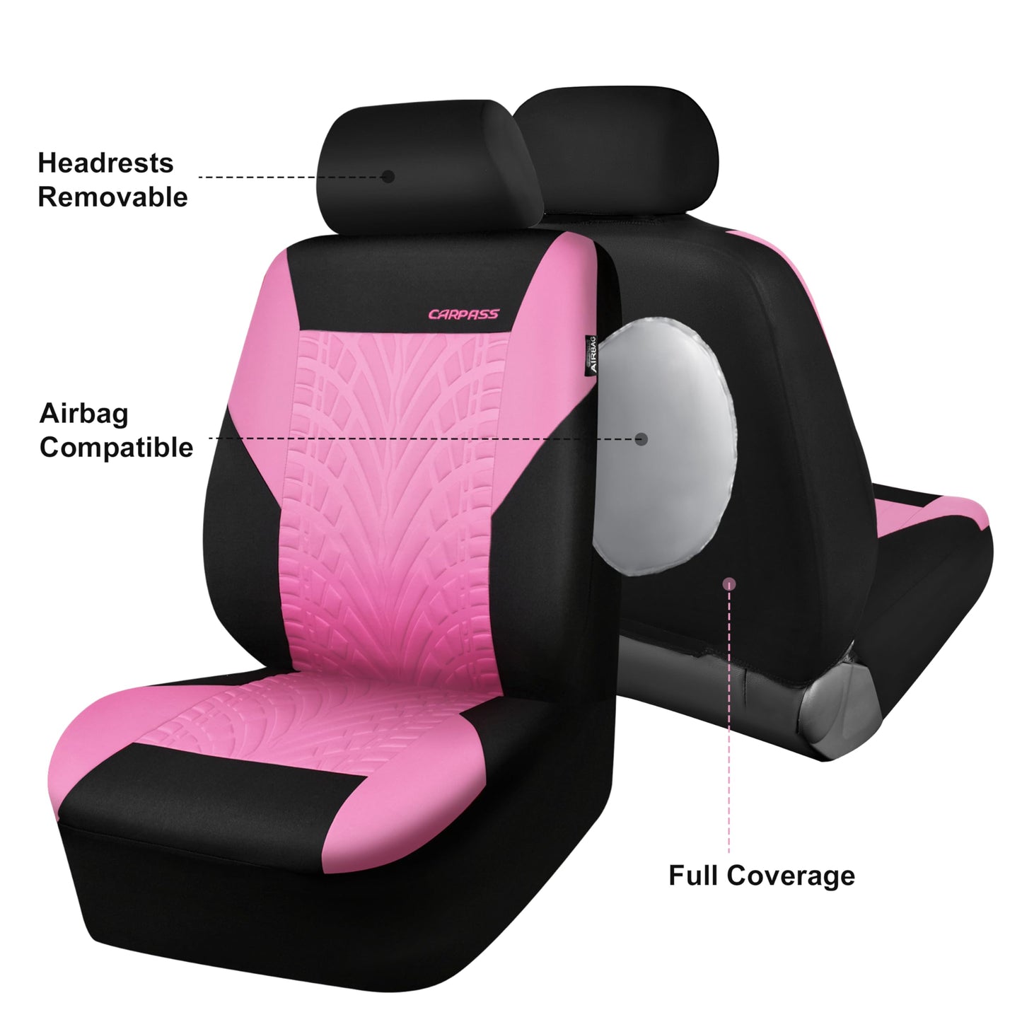 CAR PASS Car Seat Covers Full Sets, Front &amp; Split Rear Bench for Car, 3D Tyre Embossed Automotive Interior Covers, Airbag Compatible, Quick Setup Universal Fit Seat Covers for Car, SUV(All Black)