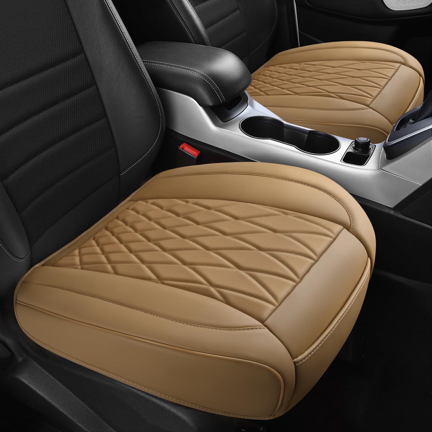 CAR PASS 2 Pack Leather Front Car Seat Covers, Bottom Seat Covers Full Wrapped with Storage Pocket, Anti-Slip Leather Seat Protectors,Waterproof Seat Cushion Pad Universal Fit Sedan SUV Truck, Beige